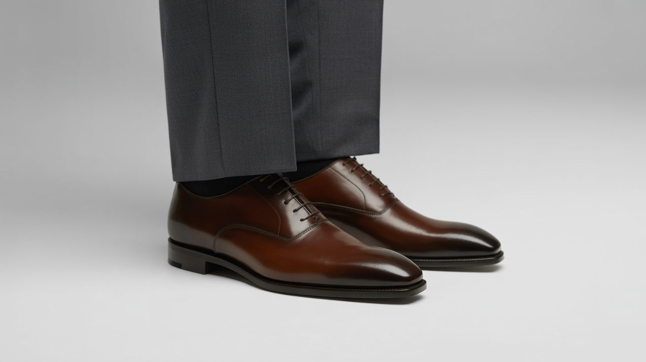 Premium dress shoes being crafted by skilled Portuguese artisans in a traditional workshop