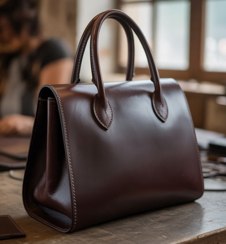 A premium handcrafted leather handbag manufactured in Portugal, showcasing the quality craftsmanship and attention to detail that our Portuguese factories deliver to global fashion brands.