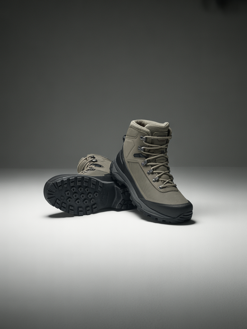 A pair of premium leather hiking boots displayed on a minimalist background. The boots feature a natural tan leather upper with a smooth finish, expertly crafted rubber sole, and anatomical ankle support design. Handcrafted in Portugal, these hiking boots exemplify the perfect balance of durability, comfort, and outdoor performance.