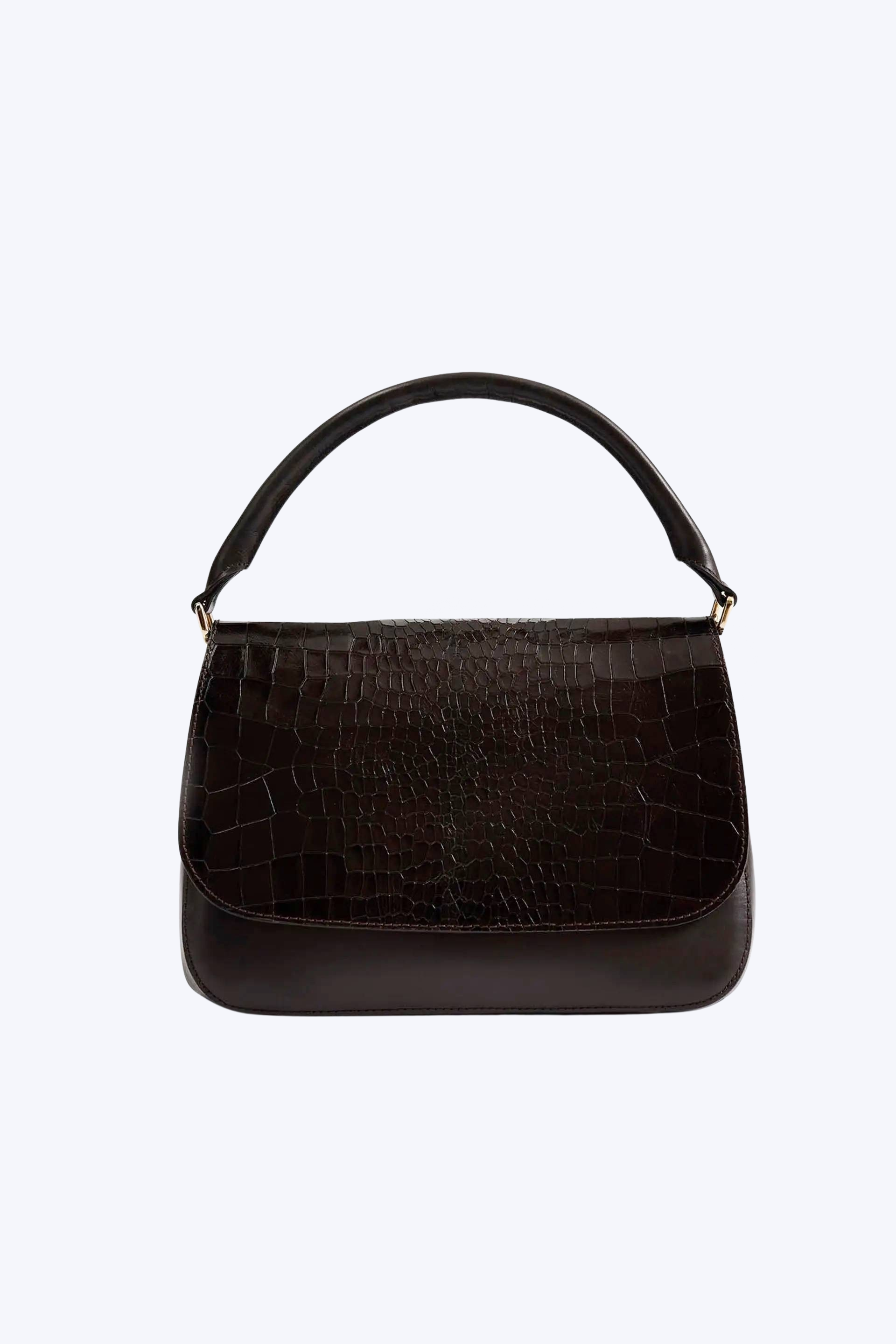 A dark brown leather handbag with crocodile-embossed flap and curved top handle.