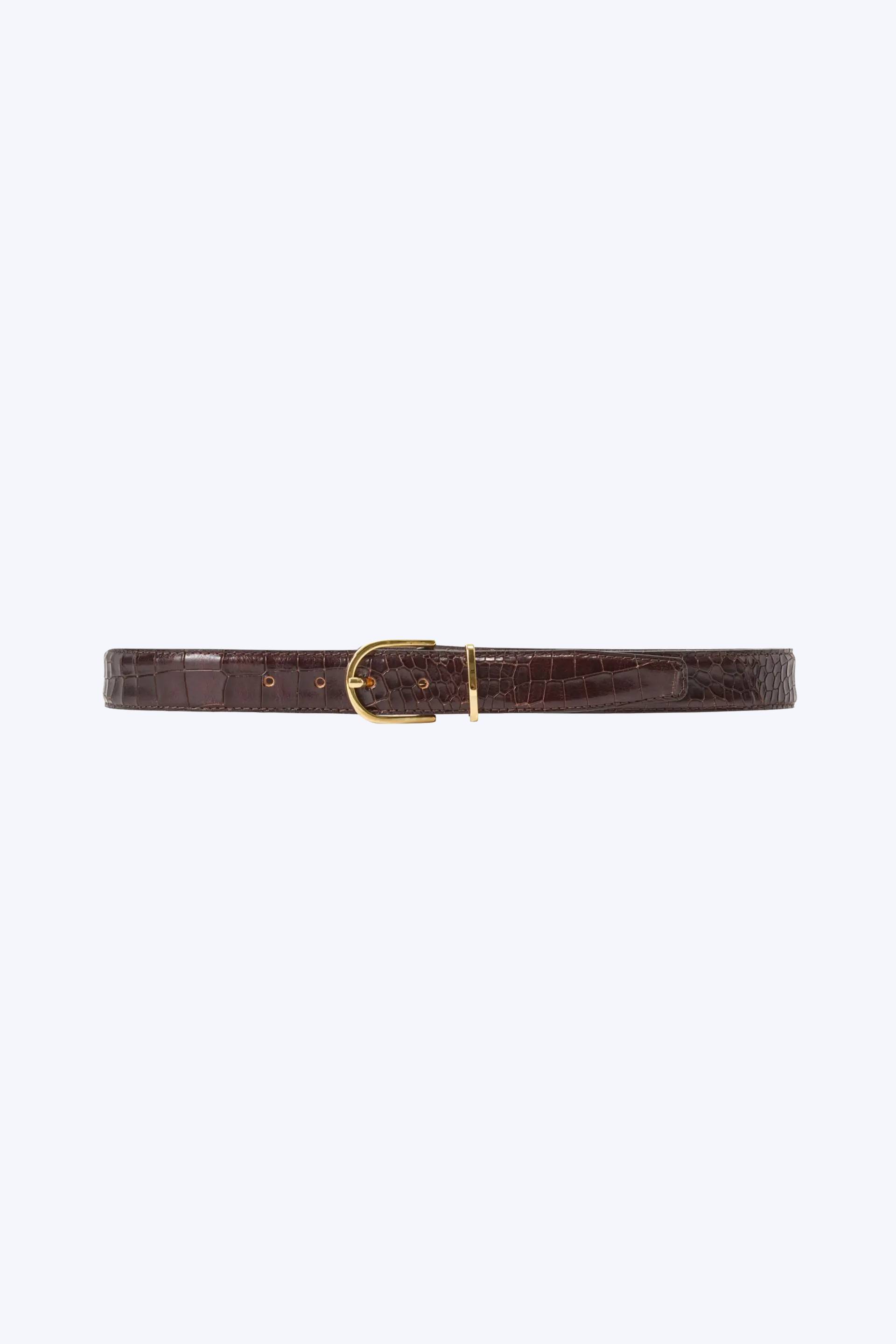 A brown crocodile-embossed leather belt with gold-tone buckle.
